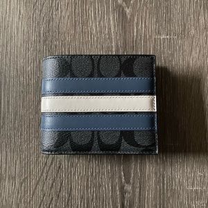 COACH Leather wallet w/ blue + white stripes
